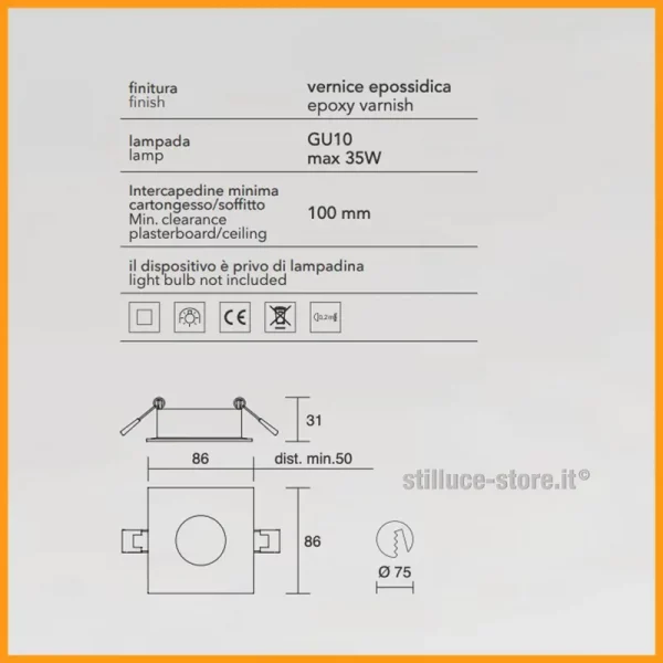 ISYLUCE-FARETTO INCASSO-QUADRATO-COD-710-GU10-STILLUCE-STORE-BERGAMO_DIM