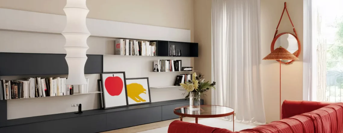 Lampada Falkland di Bruno Munari a sospensione in un soggiorno contemporaneo