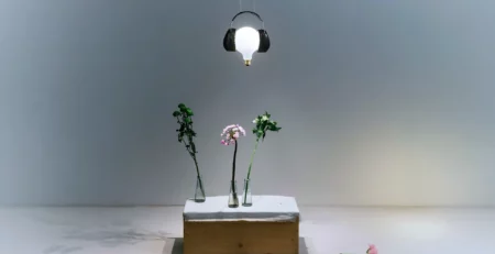 Ingo Maurer Shhh! lampada a sospensione nera accesa sopra una composizione floreale, selezionata da Stilluce Store a Bergamo