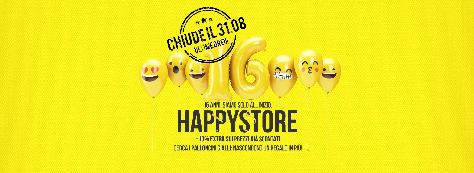 HappyStore di Stilluce Store Bergamo chiude il 31 agosto: 10% extra sui prezzi già scontati e vantaggi con i Palloncini Gialli.